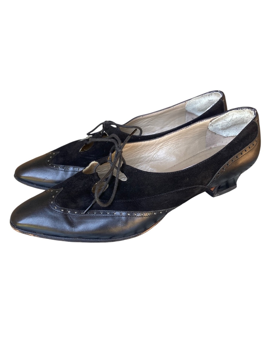 Nordstrom Spectator Wingtip Oxford Kitten Heels Black Leather Suede 9.5 - Picture 2 of 12